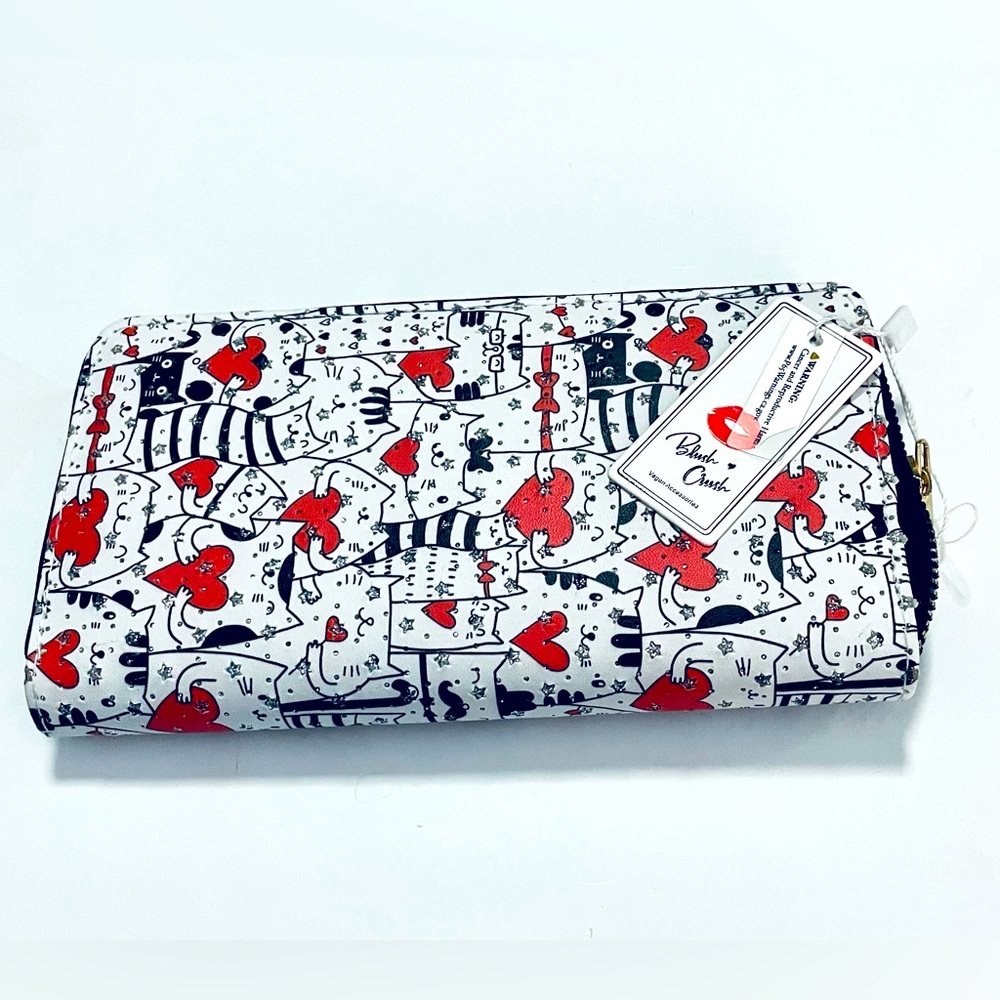 Blush Crush💋 Vegan Accessories Zip-Around Wallet With Rhinestone Cat And Hearts